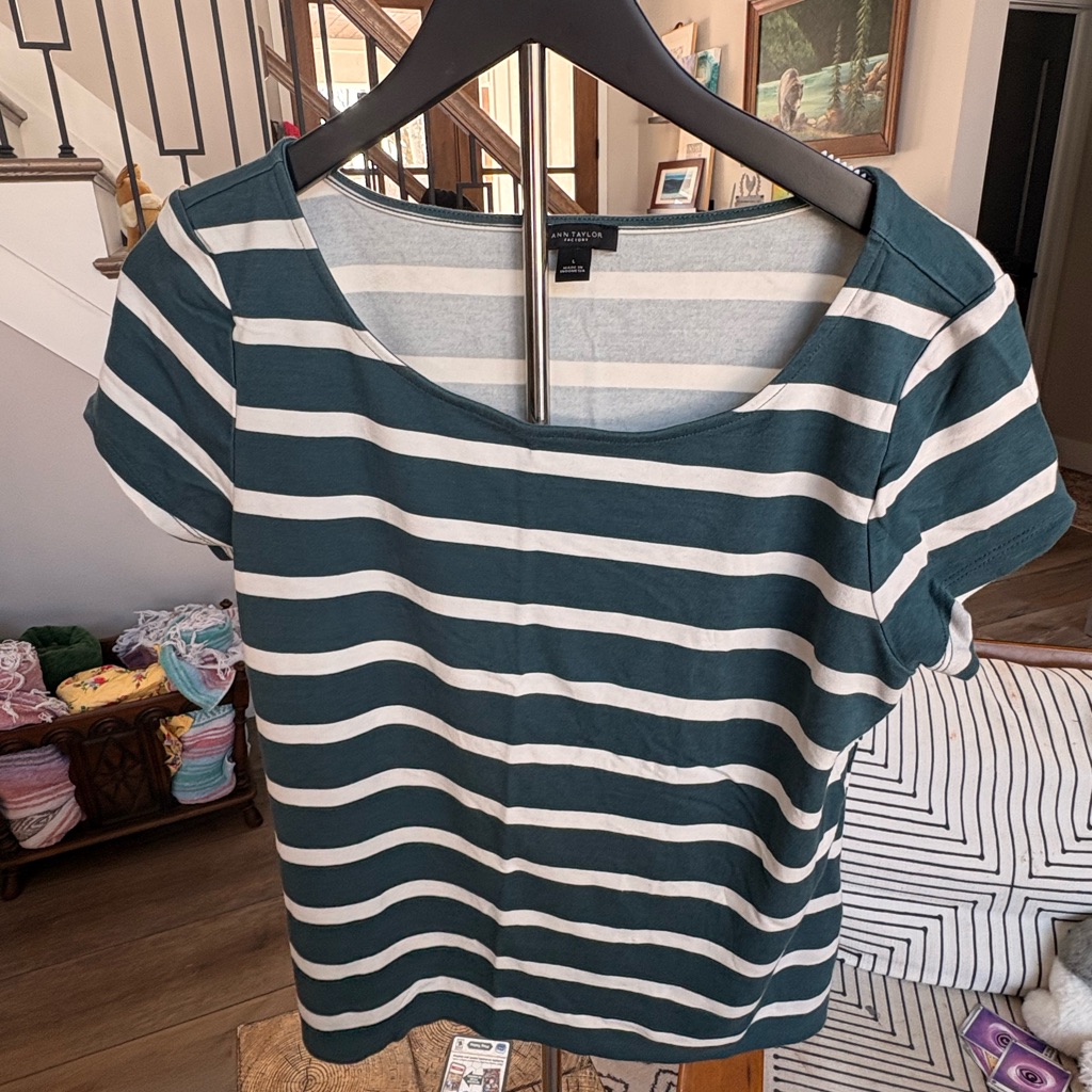 Ann Taylor Teal And White Striped Short Sleeve Top